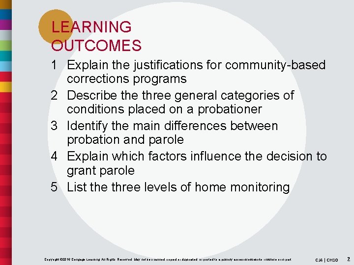 LEARNING OUTCOMES 1 Explain the justifications for community-based corrections programs 2 Describe three general