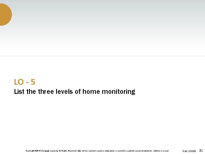 LO - 5 List the three levels of home monitoring Copyright © 2016 Cengage