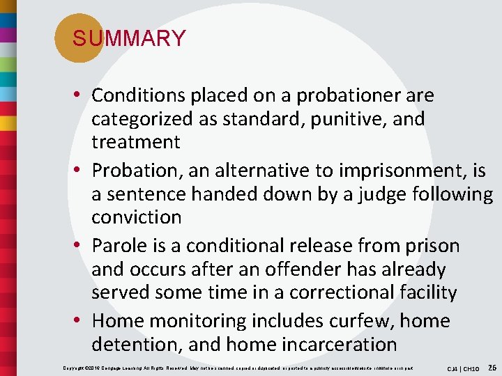 SUMMARY • Conditions placed on a probationer are categorized as standard, punitive, and treatment