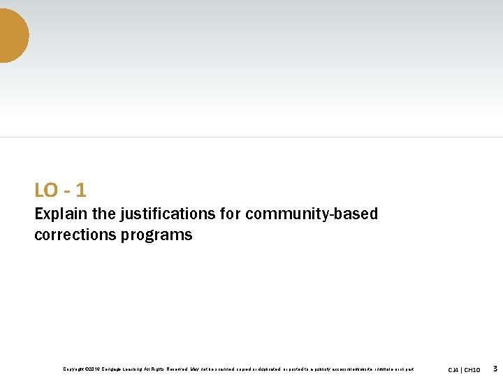 LO - 1 Explain the justifications for community-based corrections programs Copyright © 2016 Cengage