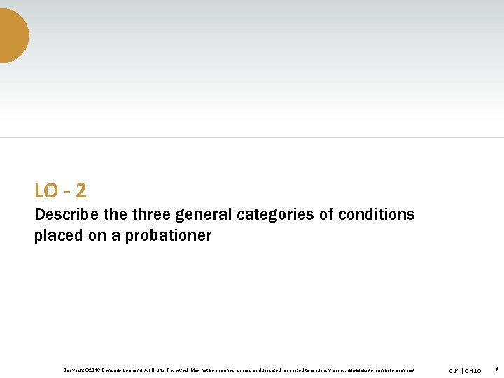 LO - 2 Describe three general categories of conditions placed on a probationer Copyright