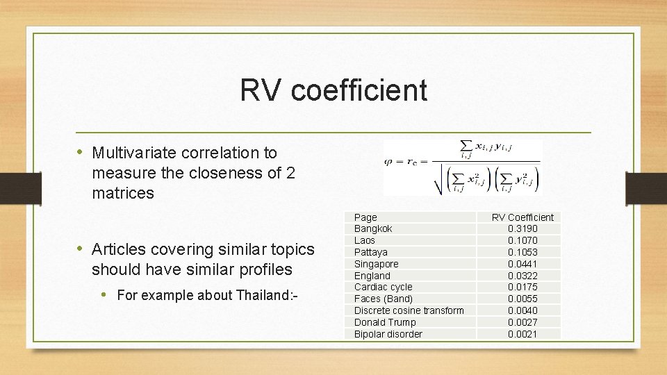 RV coefficient • Multivariate correlation to measure the closeness of 2 matrices • Articles