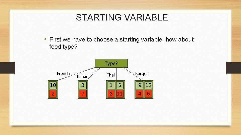 STARTING VARIABLE • First we have to choose a starting variable, how about food