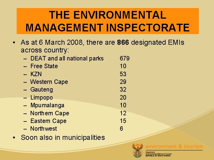 THE ENVIRONMENTAL Overview MANAGEMENT INSPECTORATE • As at 6 March 2008, there are 866