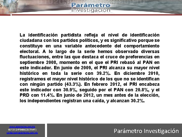 12 La identificación partidista refleja el nivel de identificación ciudadana con los partidos políticos,