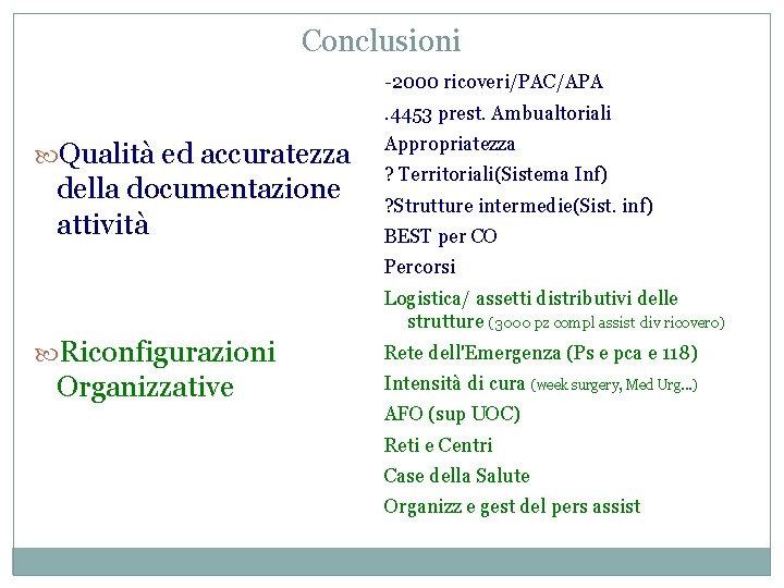 Conclusioni -2000 ricoveri/PAC/APA. 4453 prest. Ambualtoriali Qualità ed accuratezza della documentazione attività Appropriatezza ?