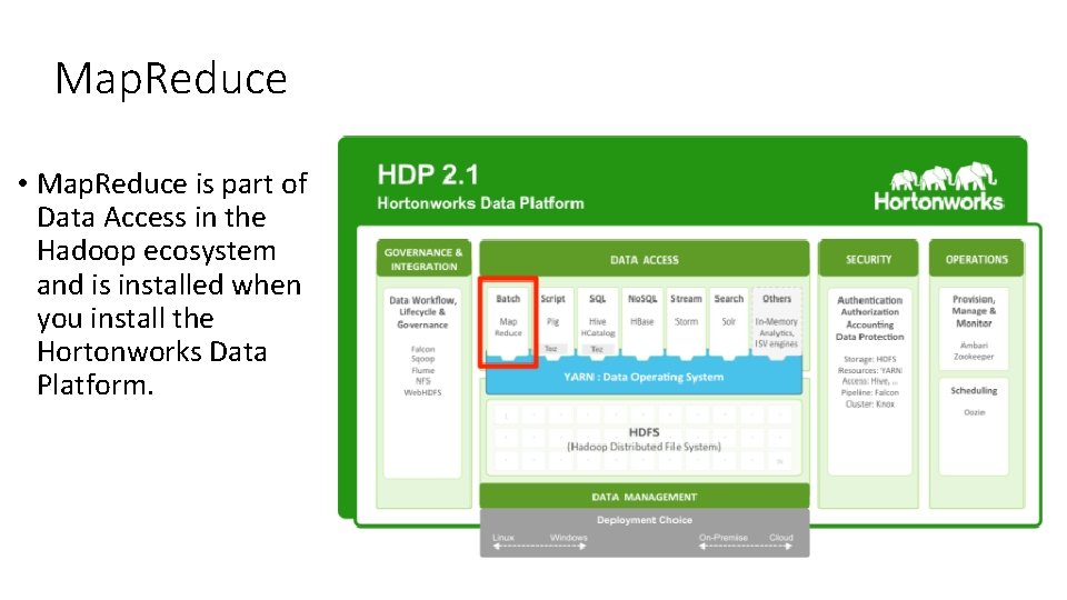 Map. Reduce • Map. Reduce is part of Data Access in the Hadoop ecosystem