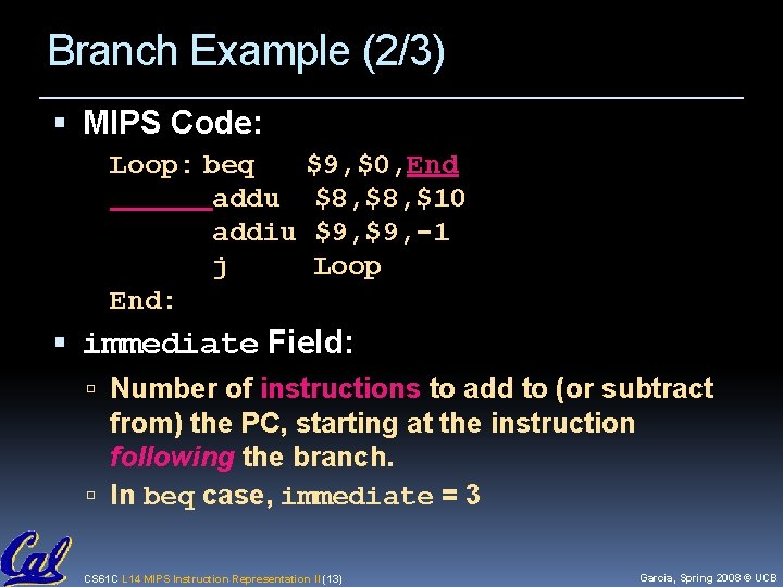 Branch Example (2/3) MIPS Code: Loop: beq $9, $0, End addu $8, $10 addiu