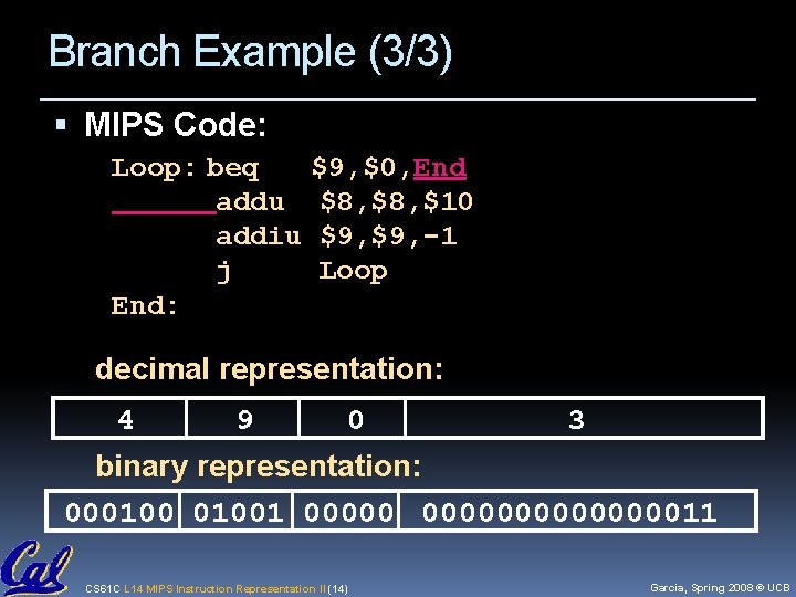 Branch Example (3/3) MIPS Code: Loop: beq $9, $0, End addu $8, $10 addiu