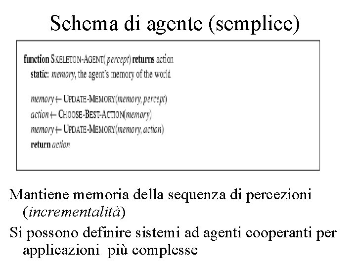 Schema di agente (semplice) Mantiene memoria della sequenza di percezioni (incrementalità) Si possono definire