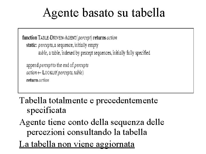 Agente basato su tabella Tabella totalmente e precedentemente specificata Agente tiene conto della sequenza
