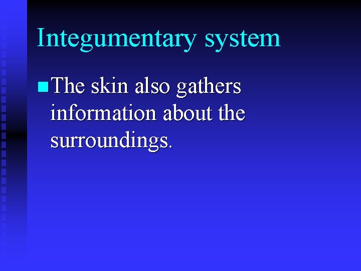 Integumentary system n The skin also gathers information about the surroundings. 