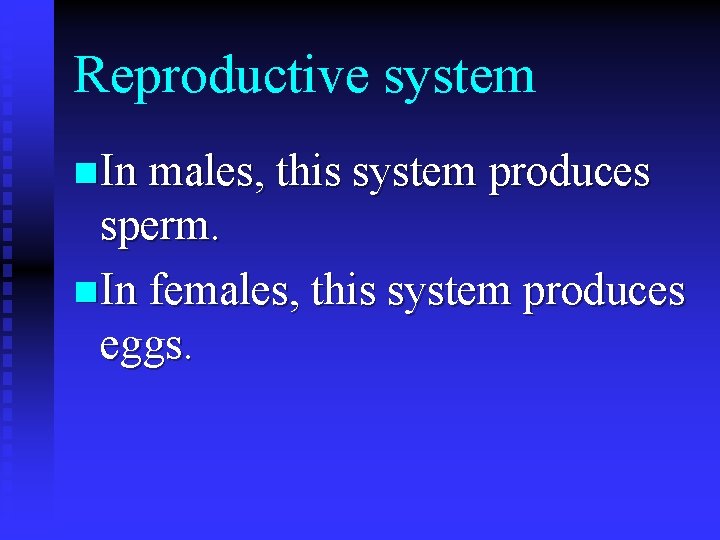 Reproductive system n In males, this system produces sperm. n In females, this system