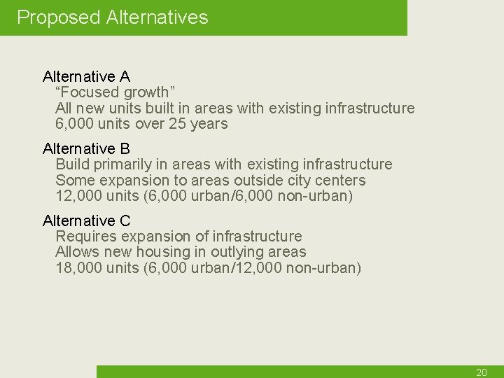 Proposed Alternatives Alternative A “Focused growth” All new units built in areas with existing