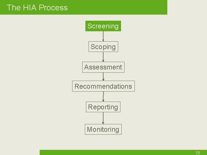 The HIA Process Screening Scoping Assessment Recommendations Reporting Monitoring 39 