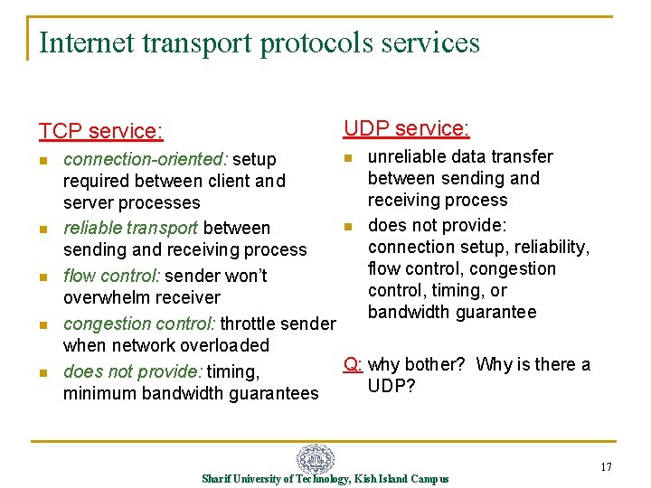 Internet transport protocols services TCP service: n n n UDP service: n unreliable data