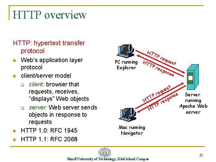 HTTP overview HTTP: hypertext transfer protocol n n Web’s application layer protocol client/server model