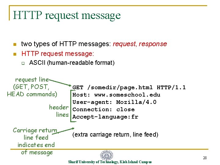 HTTP request message n n two types of HTTP messages: request, response HTTP request