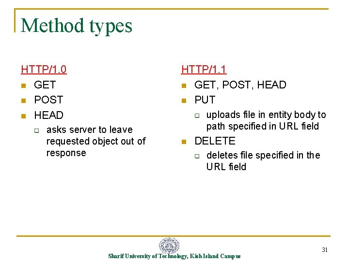 Method types HTTP/1. 0 n GET n POST n HEAD q HTTP/1. 1 n