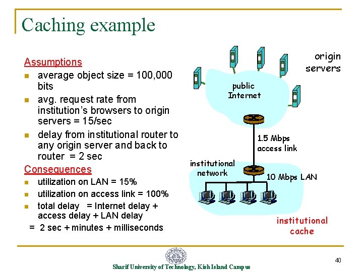 Caching example Assumptions n average object size = 100, 000 bits n avg. request