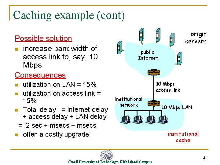 Caching example (cont) Possible solution n increase bandwidth of access link to, say, 10