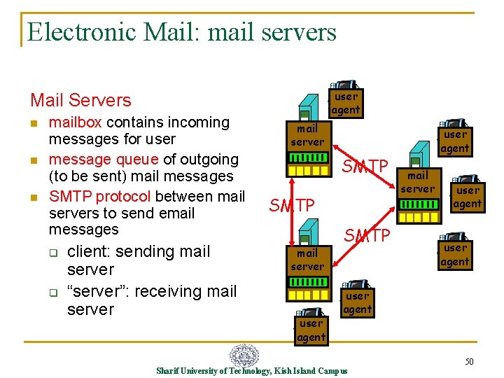 Electronic Mail: mail servers user agent Mail Servers n n n mailbox contains incoming