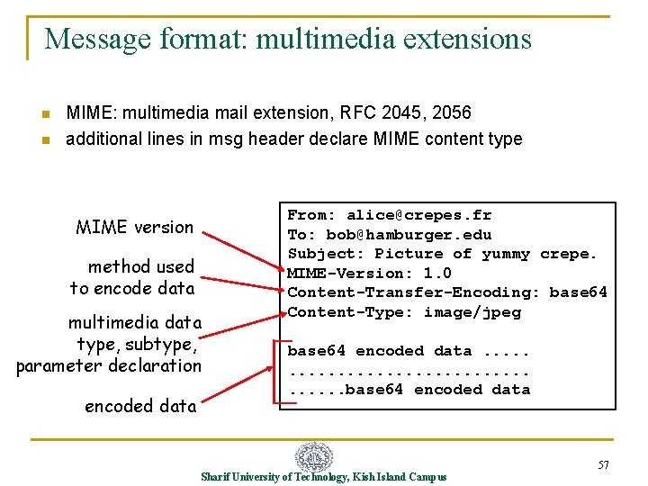 Message format: multimedia extensions n n MIME: multimedia mail extension, RFC 2045, 2056 additional