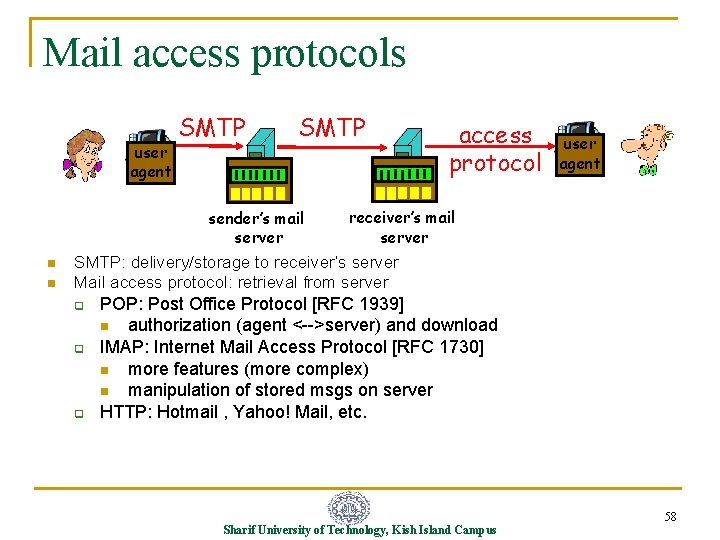 Mail access protocols user agent SMTP sender’s mail server n n access protocol user