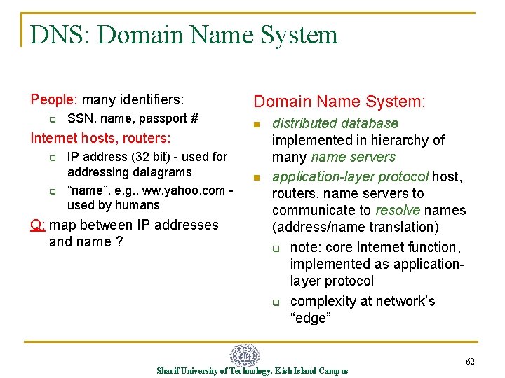 DNS: Domain Name System People: many identifiers: q SSN, name, passport # Domain Name