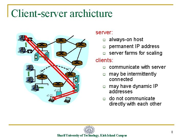 Client-server archicture server: q q q always-on host permanent IP address server farms for