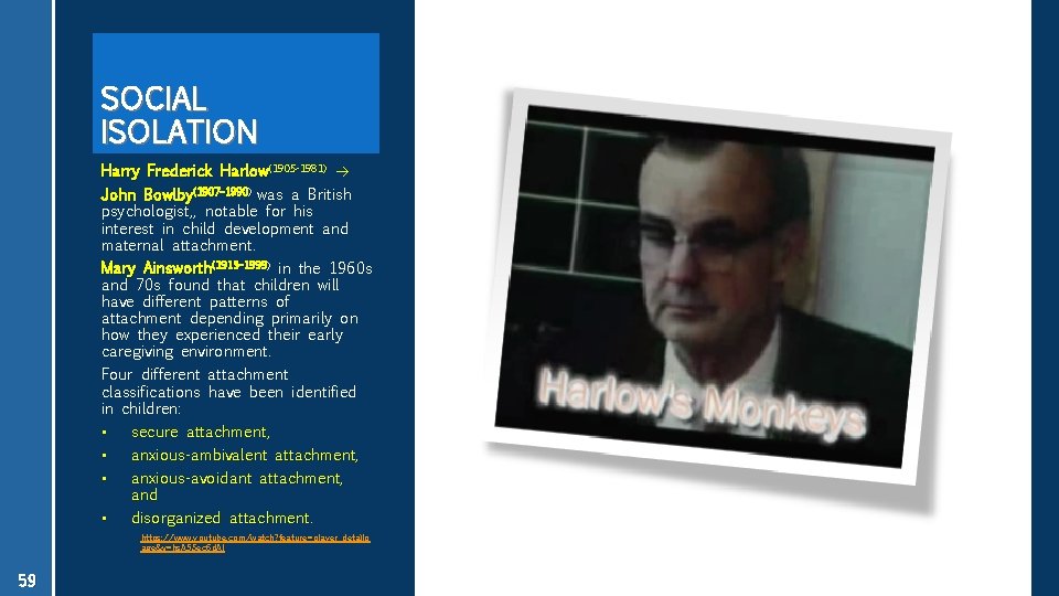 SOCIAL ISOLATION (1905 -1981) Harry Frederick Harlow(1905 -1981) (1907– 1990) was a British John