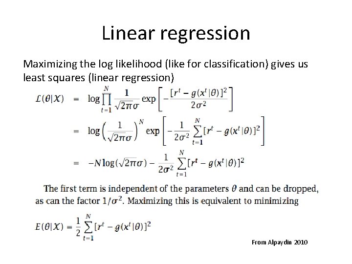 Linear regression Maximizing the log likelihood (like for classification) gives us least squares (linear