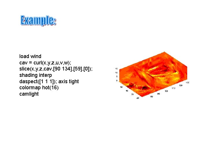 load wind cav = curl(x, y, z, u, v, w); slice(x, y, z, cav,