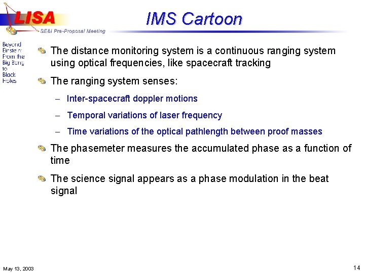 IMS Cartoon The distance monitoring system is a continuous ranging system using optical frequencies,