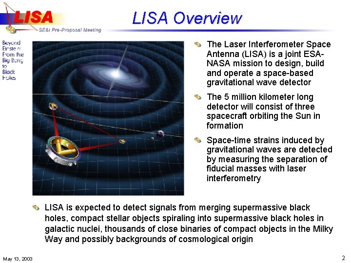 LISA Overview The Laser Interferometer Space Antenna (LISA) is a joint ESANASA mission to