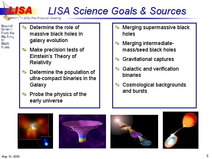 LISA Science Goals & Sources Determine the role of massive black holes in galaxy