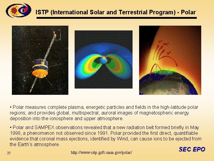 ISTP (International Solar and Terrestrial Program) - Polar • Polar measures complete plasma, energetic