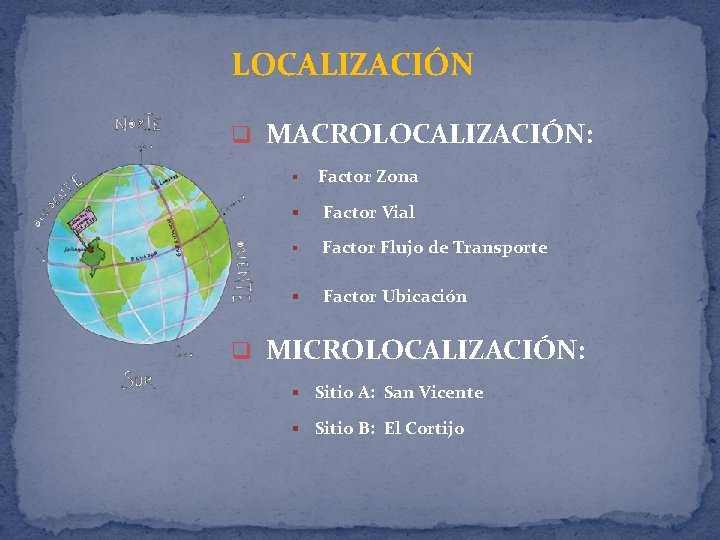 LOCALIZACIÓN q MACROLOCALIZACIÓN: § Factor Zona § Factor Vial § Factor Flujo de Transporte