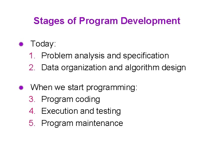Stages of Program Development ® Today: 1. Problem analysis and specification 2. Data organization