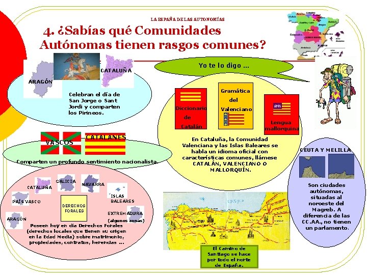 LA ESPAÑA DE LAS AUTONOMÍAS 4. ¿Sabías qué Comunidades Autónomas tienen rasgos comunes? Yo