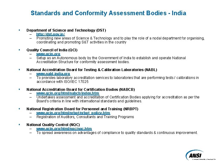 Standards and Conformity Assessment Bodies - India § Department of Science and Technology (DST)