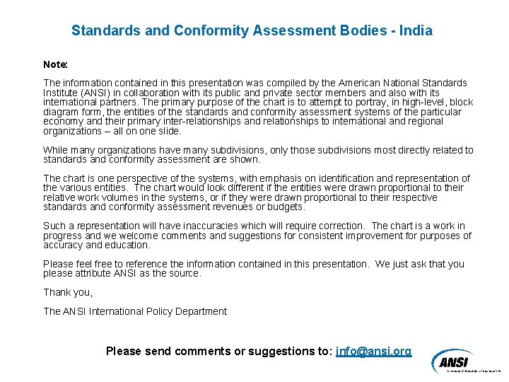 Standards and Conformity Assessment Bodies - India Note: The information contained in this presentation