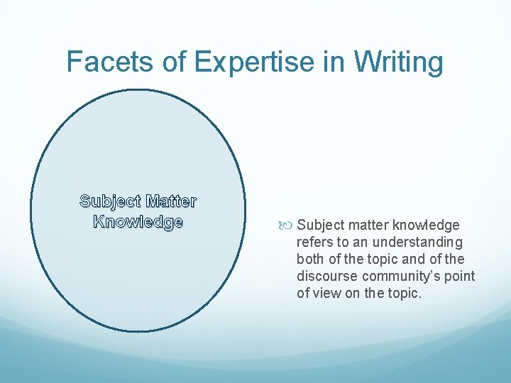 Facets of Expertise in Writing Subject Matter Knowledge Subject matter knowledge refers to an