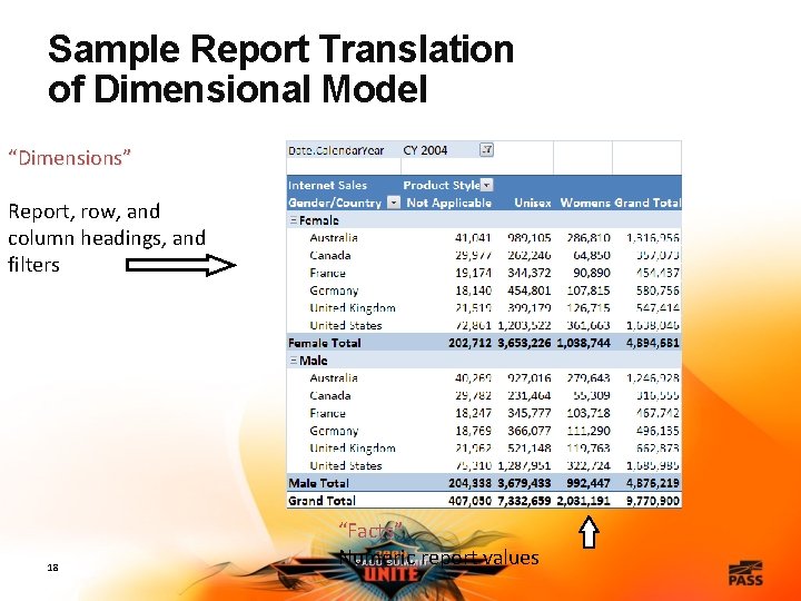 Sample Report Translation of Dimensional Model “Dimensions” Report, row, and column headings, and filters
