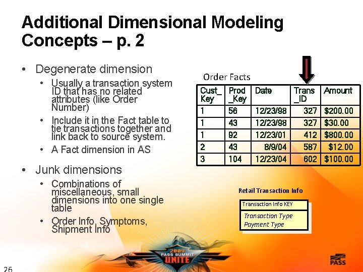 Additional Dimensional Modeling Concepts – p. 2 • Degenerate dimension • Usually a transaction