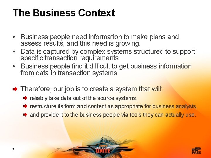 The Business Context • Business people need information to make plans and assess results,