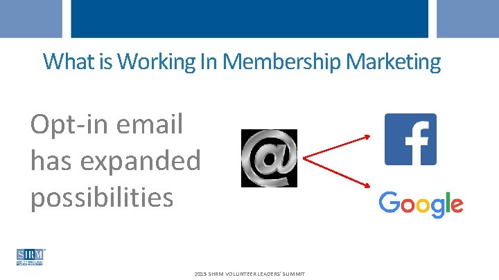 What is Working In Membership Marketing Opt-in email has expanded possibilities 2015 SHRM VOLUNTEER