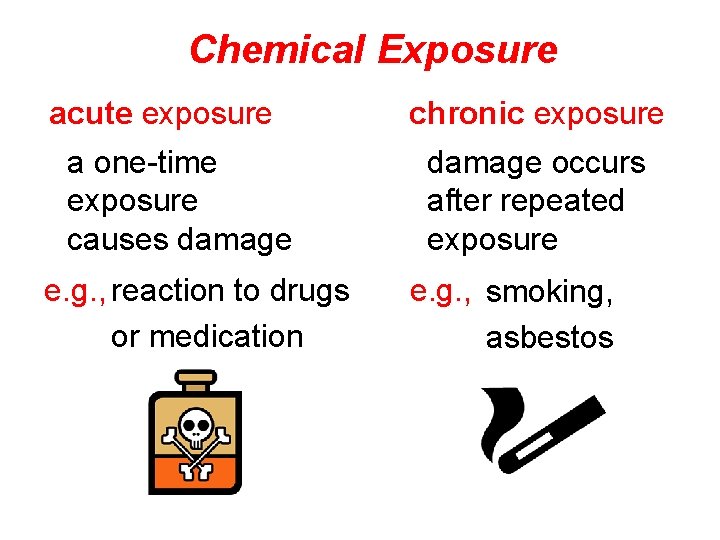 Chemical Exposure acute exposure a one-time exposure causes damage e. g. , reaction to