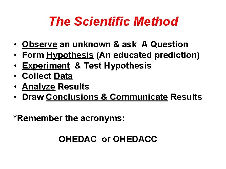 The Scientific Method • • • Observe an unknown & ask A Question Form