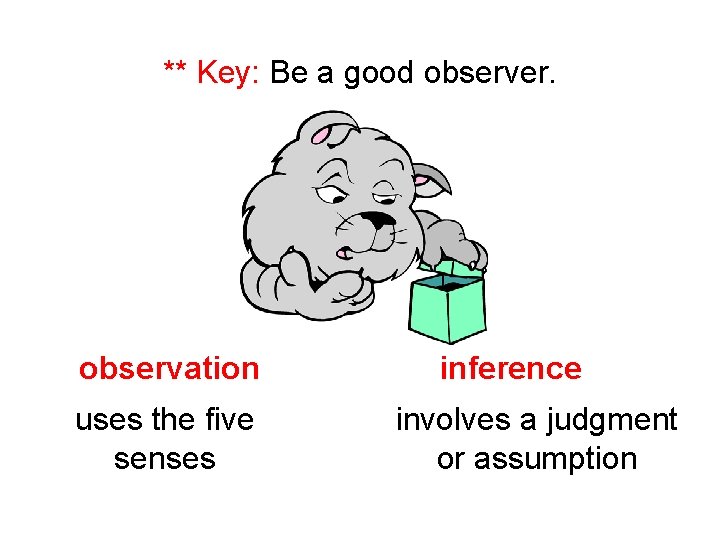 ** Key: Be a good observer. observation uses the five senses inference involves a